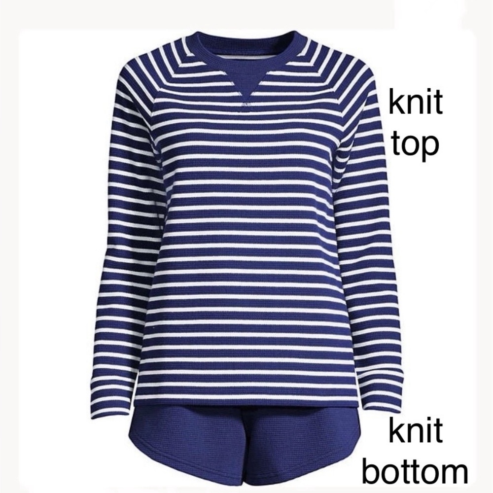 LANDSEND Women's Plus Waffle Pajama Set Long Sleeve T-Shirt and Shorts Cotton